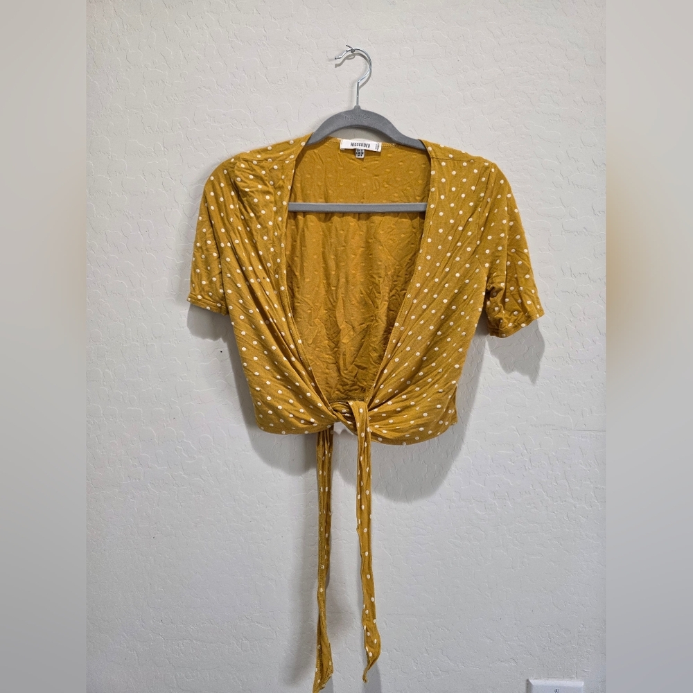 Missguided Mustard Polka Dot Tie-Front Blouse